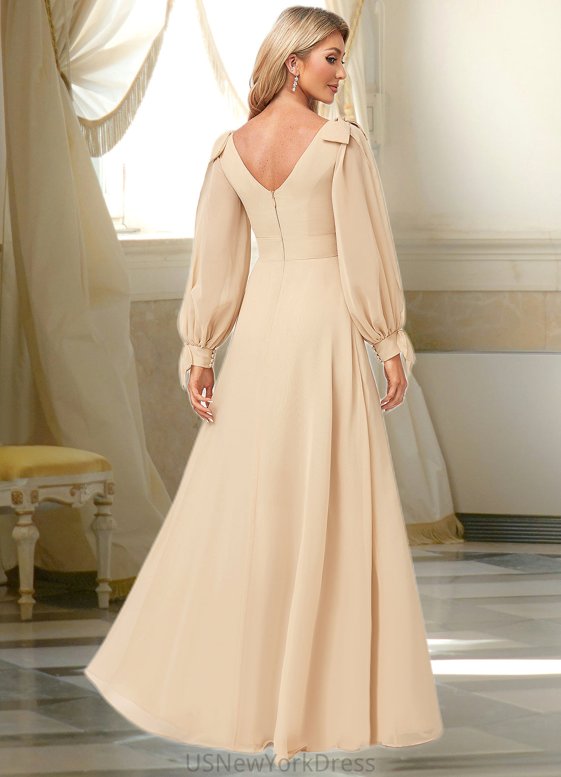 Janey A-line V-Neck Floor-Length Chiffon Bridesmaid Dress With Bow DJP0022613