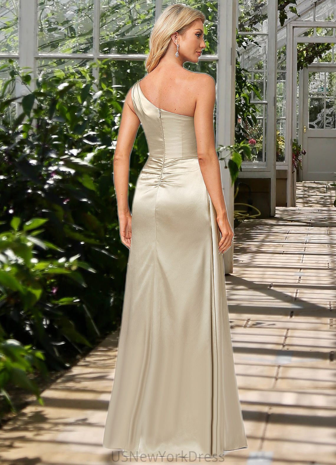 Uerica A-line One Shoulder Floor-Length Stretch Satin Bridesmaid Dress With Ruffle DJP0022614