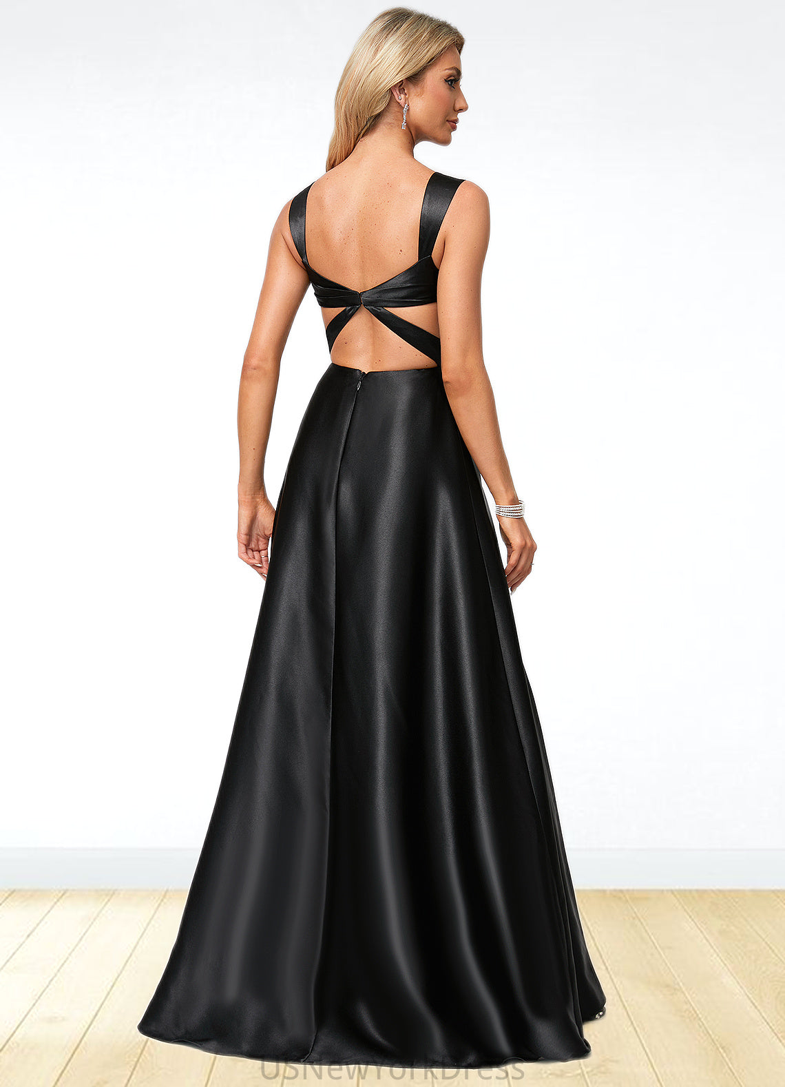 Michaela A-line V-Neck Floor-Length Stretch Satin Bridesmaid Dress With Bow DJP0022615