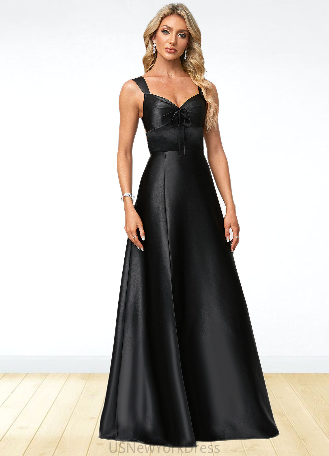 Michaela A-line V-Neck Floor-Length Stretch Satin Bridesmaid Dress With Bow DJP0022615