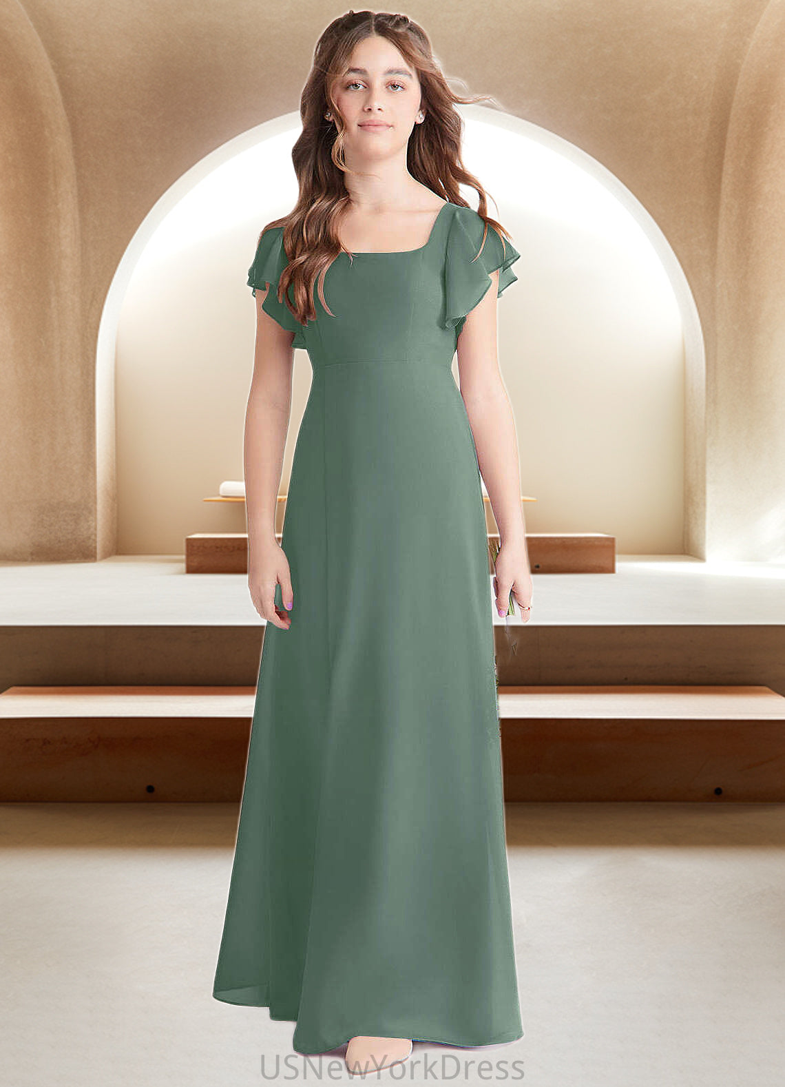 Keyla A-Line Bow Chiffon Floor-Length Junior Bridesmaid Dress Eucalyptus DJP0022847