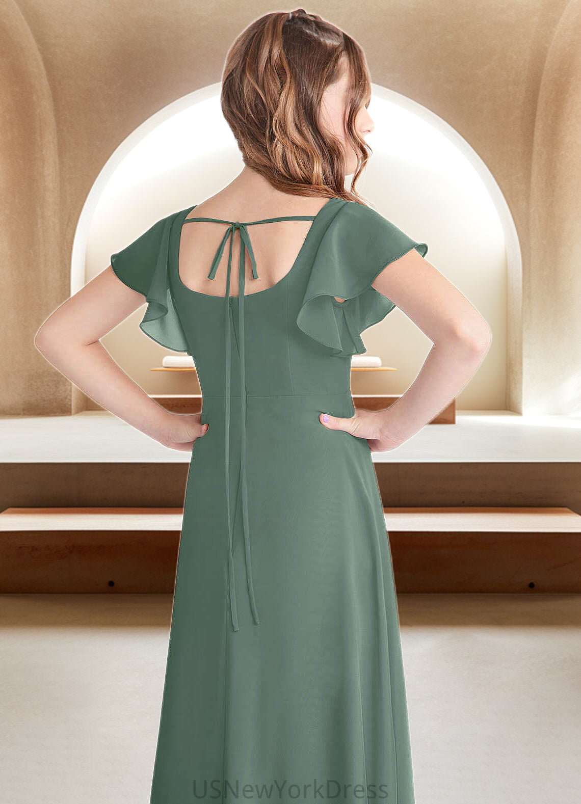 Keyla A-Line Bow Chiffon Floor-Length Junior Bridesmaid Dress Eucalyptus DJP0022847
