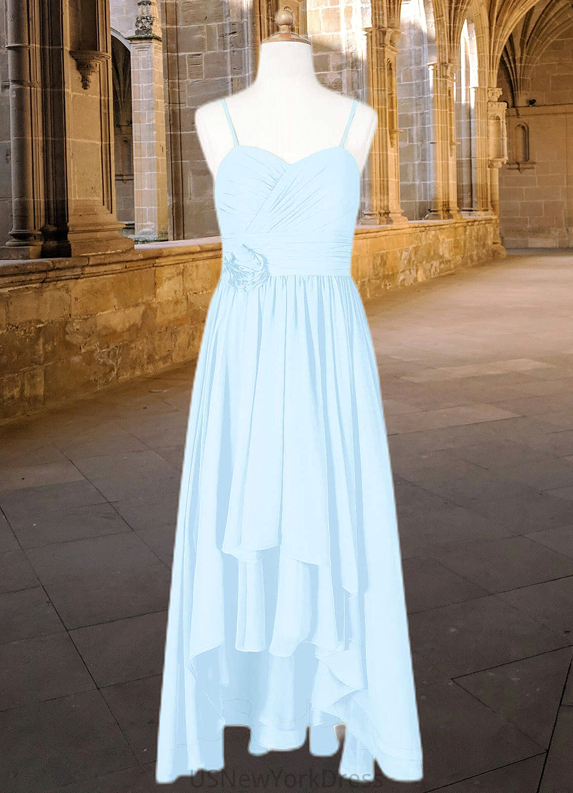 Mya A-Line Ruched Chiffon Asymmetrical Junior Bridesmaid Dress Sky Blue DJP0022848