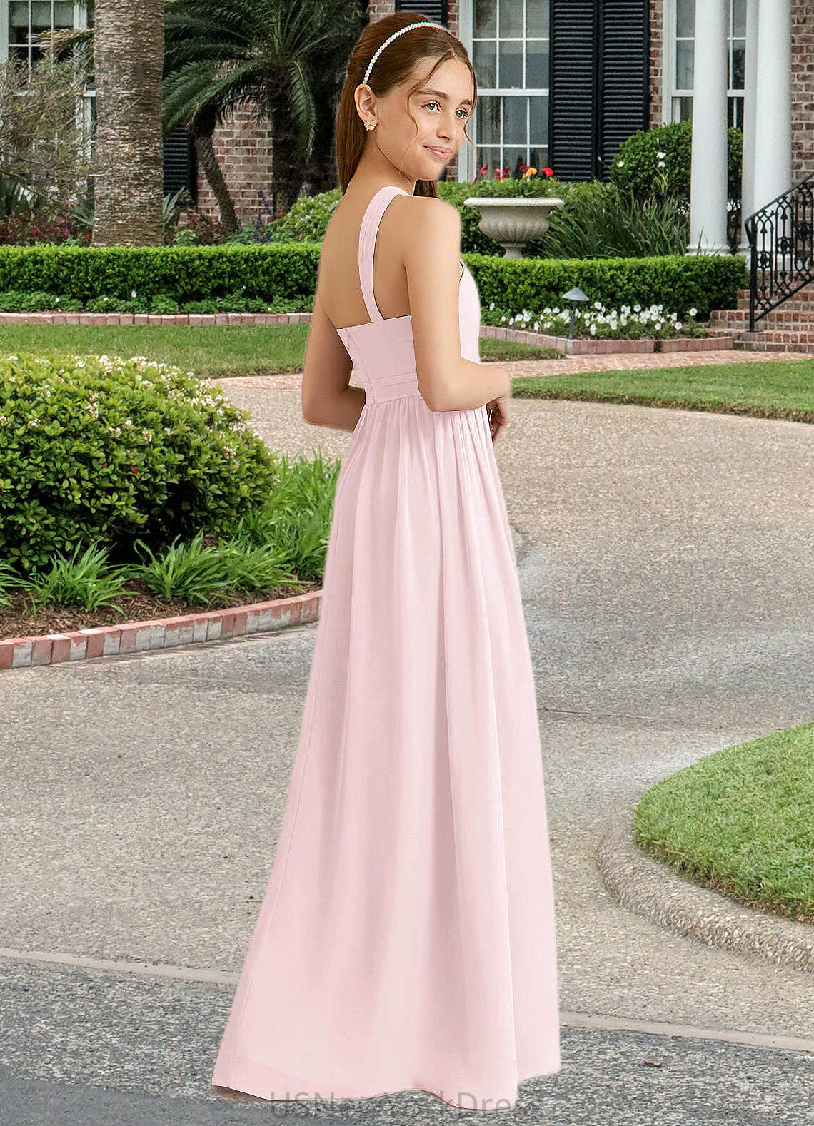 Emerson A-Line Pleated Chiffon Floor-Length Junior Bridesmaid Dress Blushing Pink DJP0022849