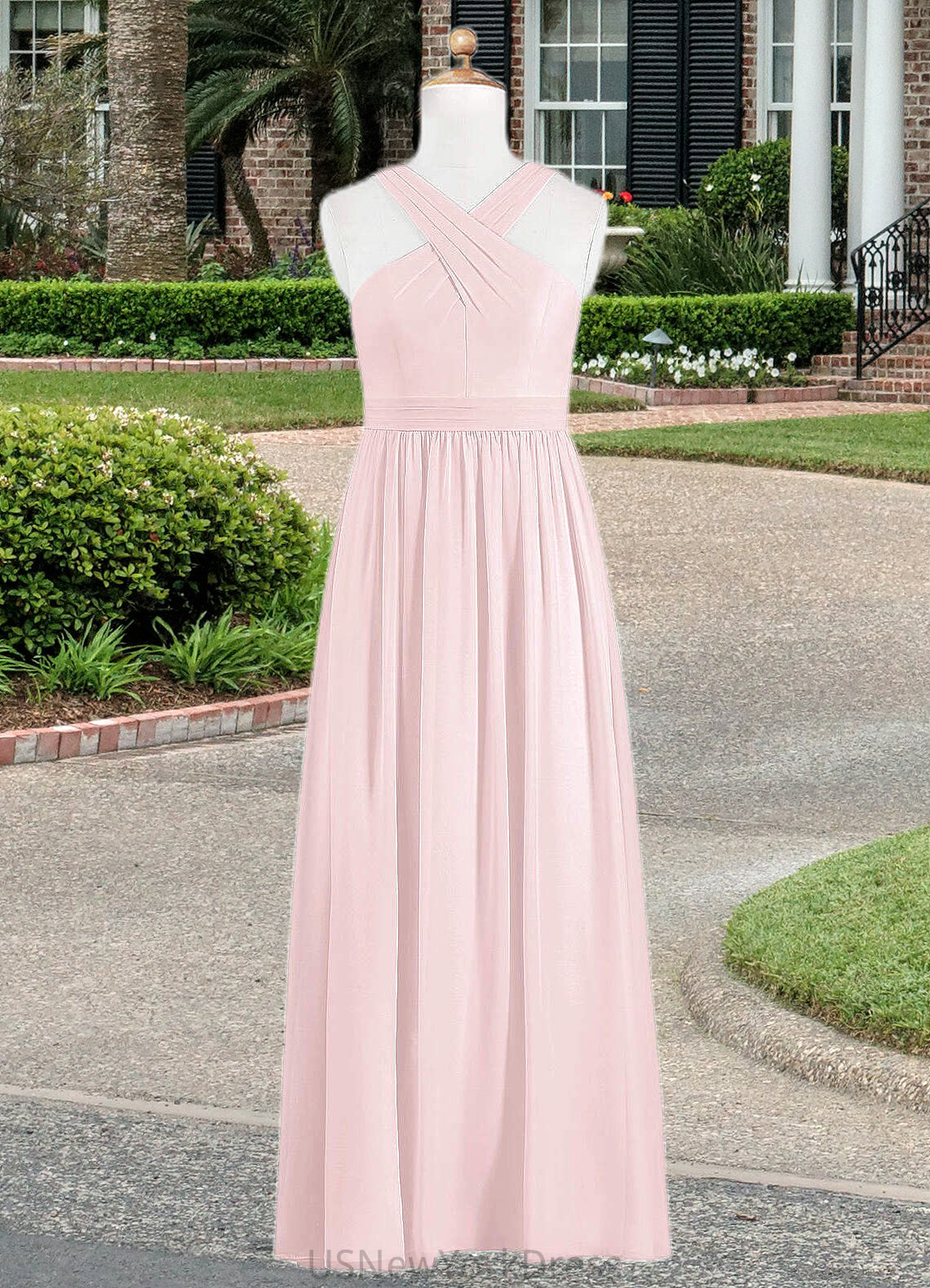 Emerson A-Line Pleated Chiffon Floor-Length Junior Bridesmaid Dress Blushing Pink DJP0022849