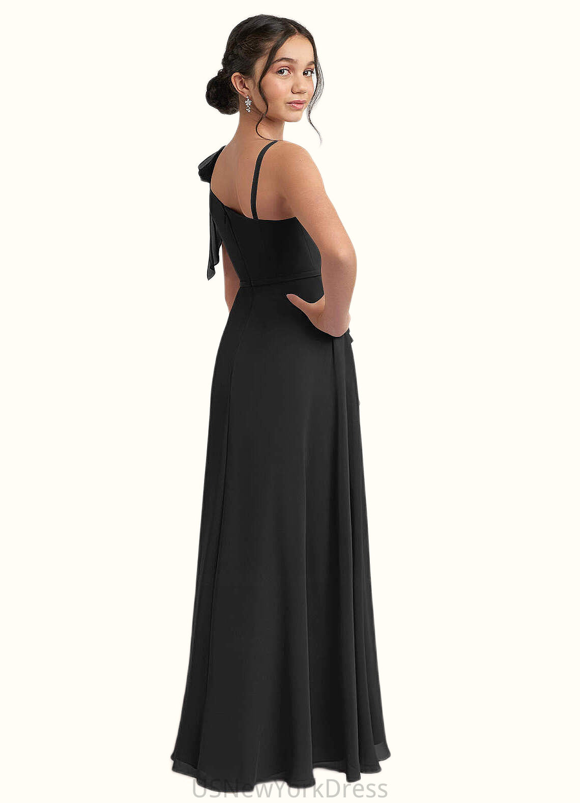 Pearl A-Line Bow Chiffon Floor-Length Junior Bridesmaid Dress black DJP0022850