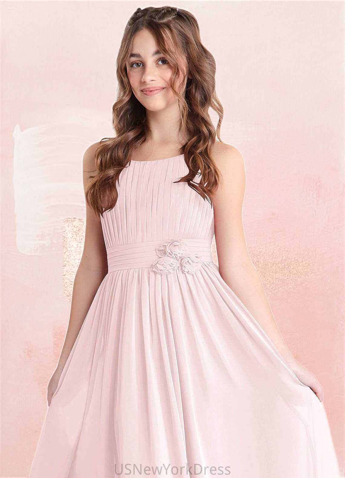 Tara A-Line Floral Chiffon Floor-Length Junior Bridesmaid Dress Blushing Pink DJP0022851