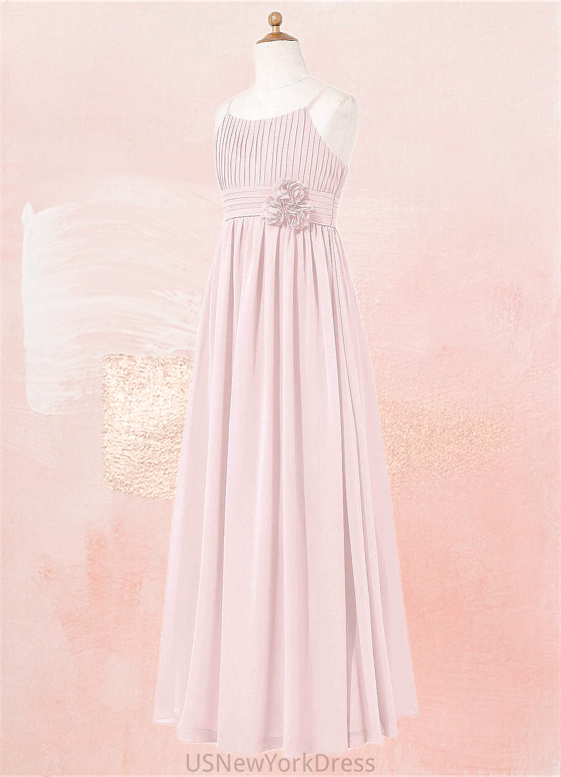 Tara A-Line Floral Chiffon Floor-Length Junior Bridesmaid Dress Blushing Pink DJP0022851