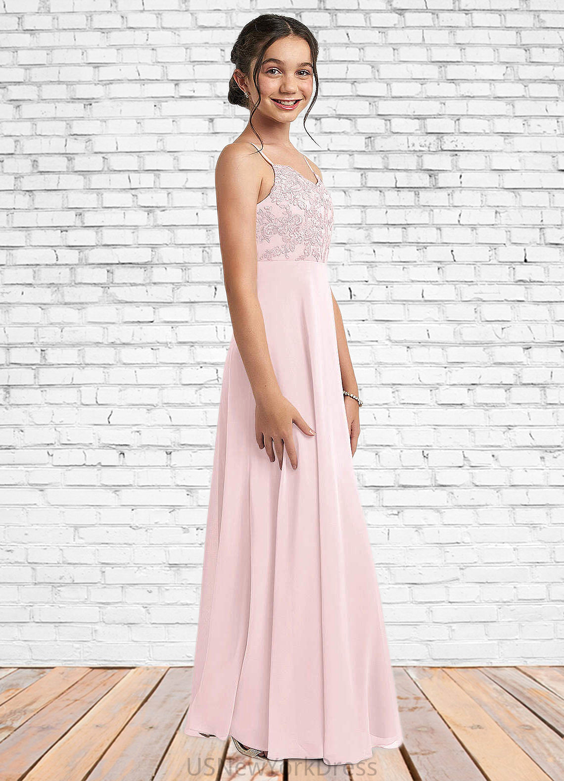 Adelaide A-Line Lace Chiffon Floor-Length Junior Bridesmaid Dress Blushing Pink DJP0022853