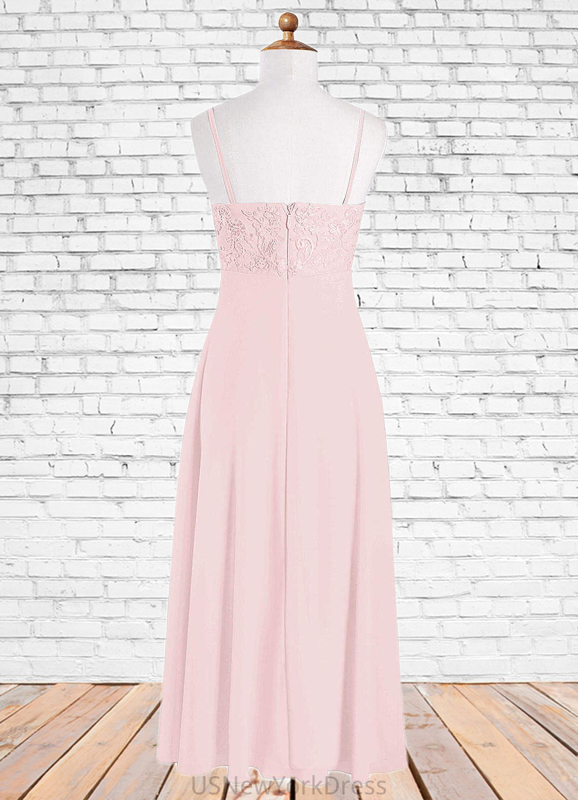 Adelaide A-Line Lace Chiffon Floor-Length Junior Bridesmaid Dress Blushing Pink DJP0022853