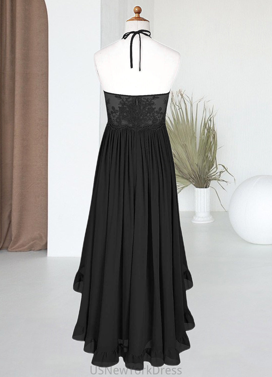 Viola A-Line Lace Chiffon Asymmetrical Junior Bridesmaid Dress black DJP0022855