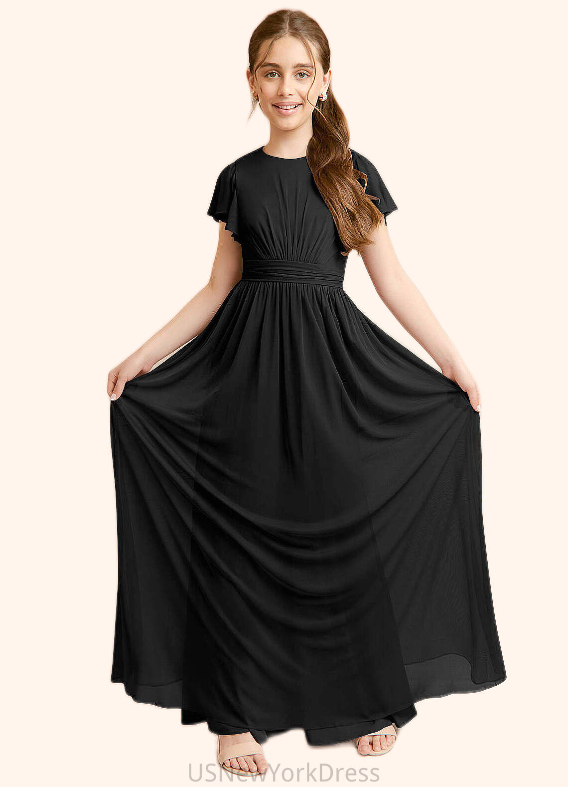 Nora A-Line Ruched Mesh Floor-Length Junior Bridesmaid Dress black DJP0022857