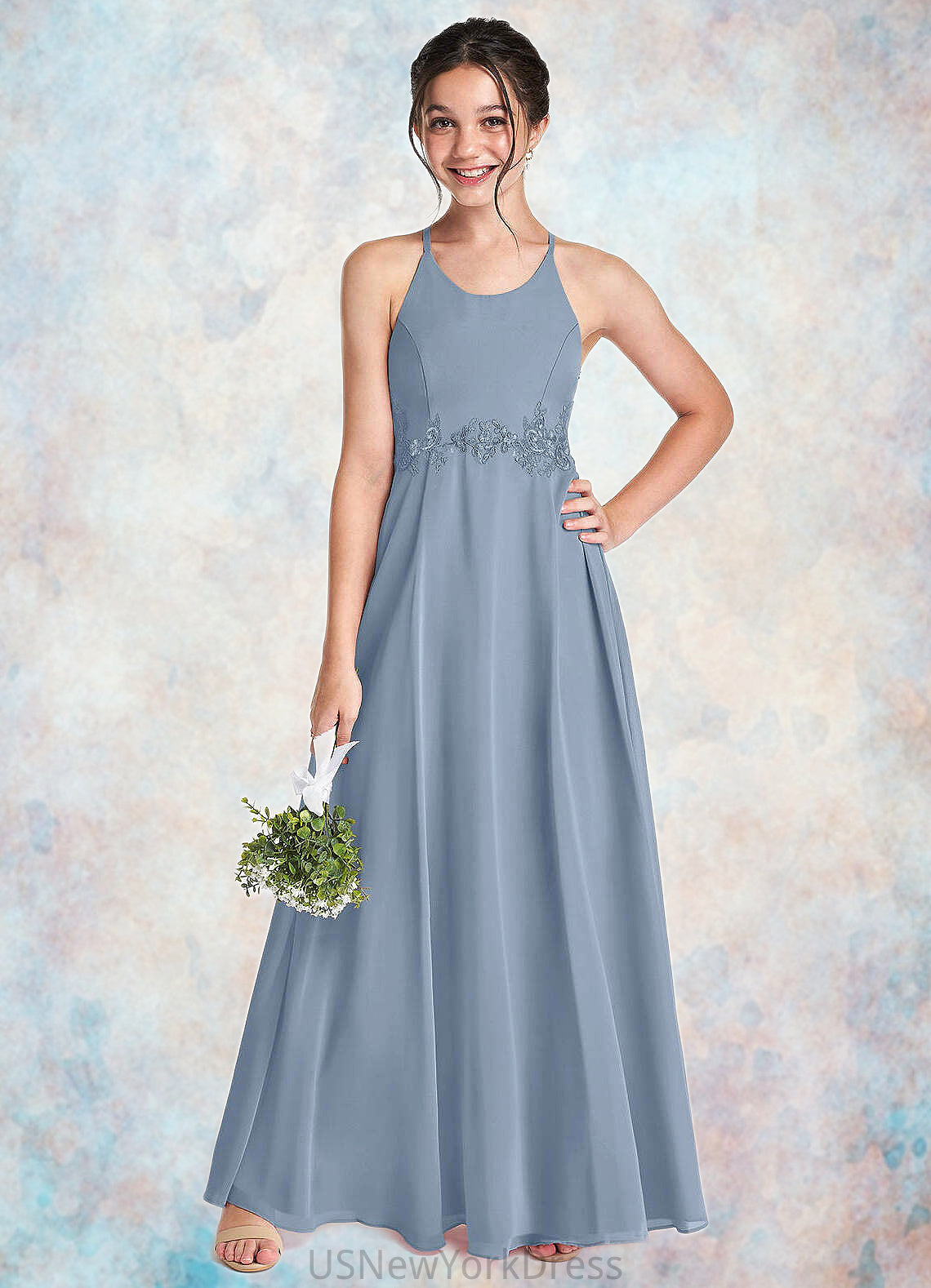 Jacey A-Line Lace Chiffon Floor-Length Junior Bridesmaid Dress dusty blue DJP0022860
