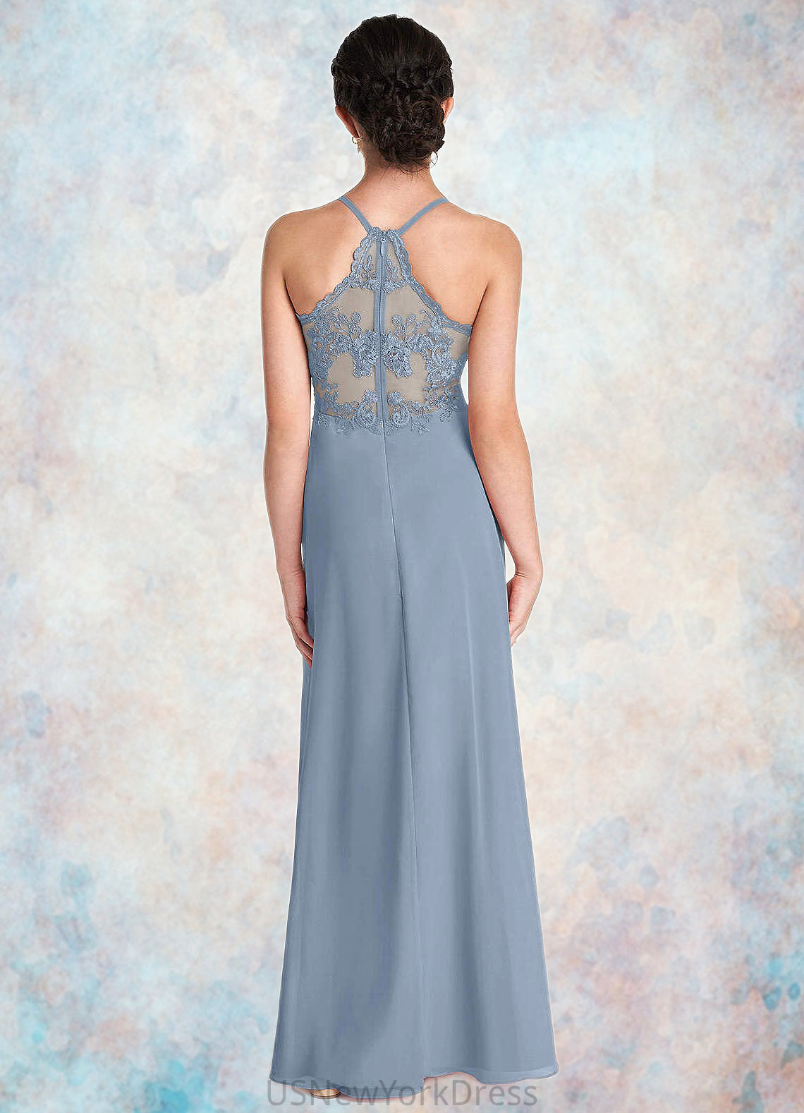 Jacey A-Line Lace Chiffon Floor-Length Junior Bridesmaid Dress dusty blue DJP0022860