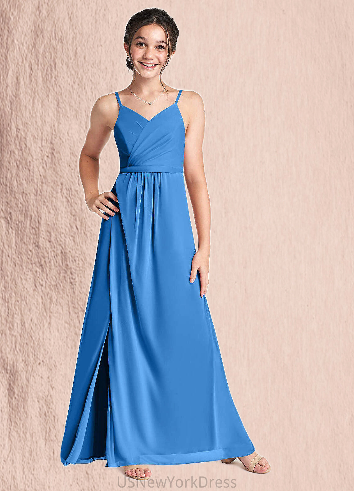 Isis Pleated Mesh Floor-Length Junior Bridesmaid Dress Blue Jay DJP0022861