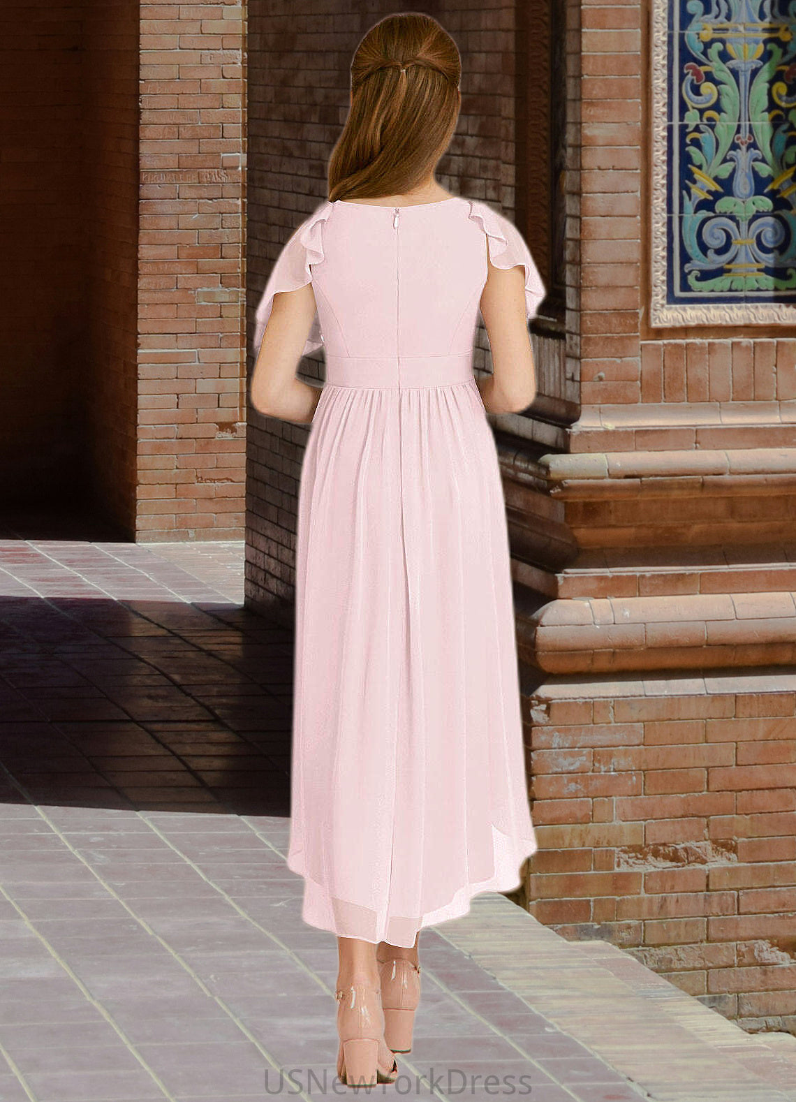 Madelyn A-Line Ruched Chiffon Asymmetrical Junior Bridesmaid Dress Blushing Pink DJP0022862