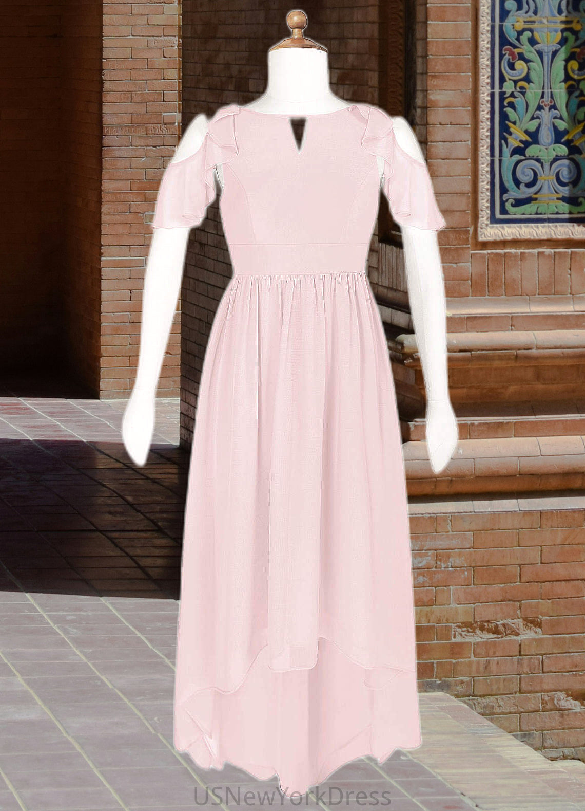 Madelyn A-Line Ruched Chiffon Asymmetrical Junior Bridesmaid Dress Blushing Pink DJP0022862