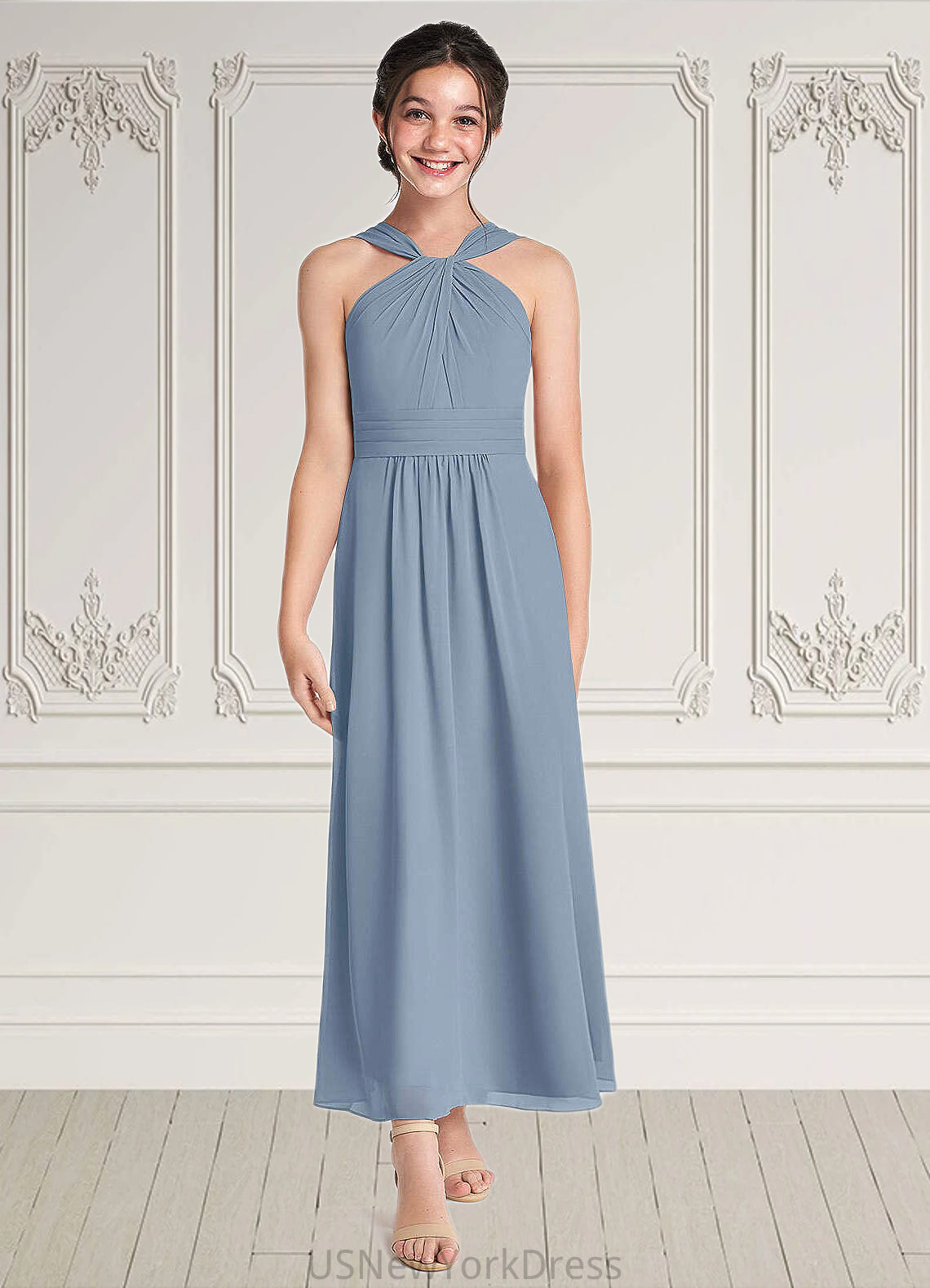 Saniyah A-Line Pleated Chiffon Ankle-Length Junior Bridesmaid Dress dusty blue DJP0022866