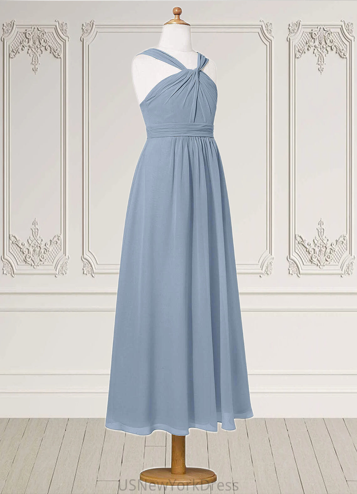 Saniyah A-Line Pleated Chiffon Ankle-Length Junior Bridesmaid Dress dusty blue DJP0022866