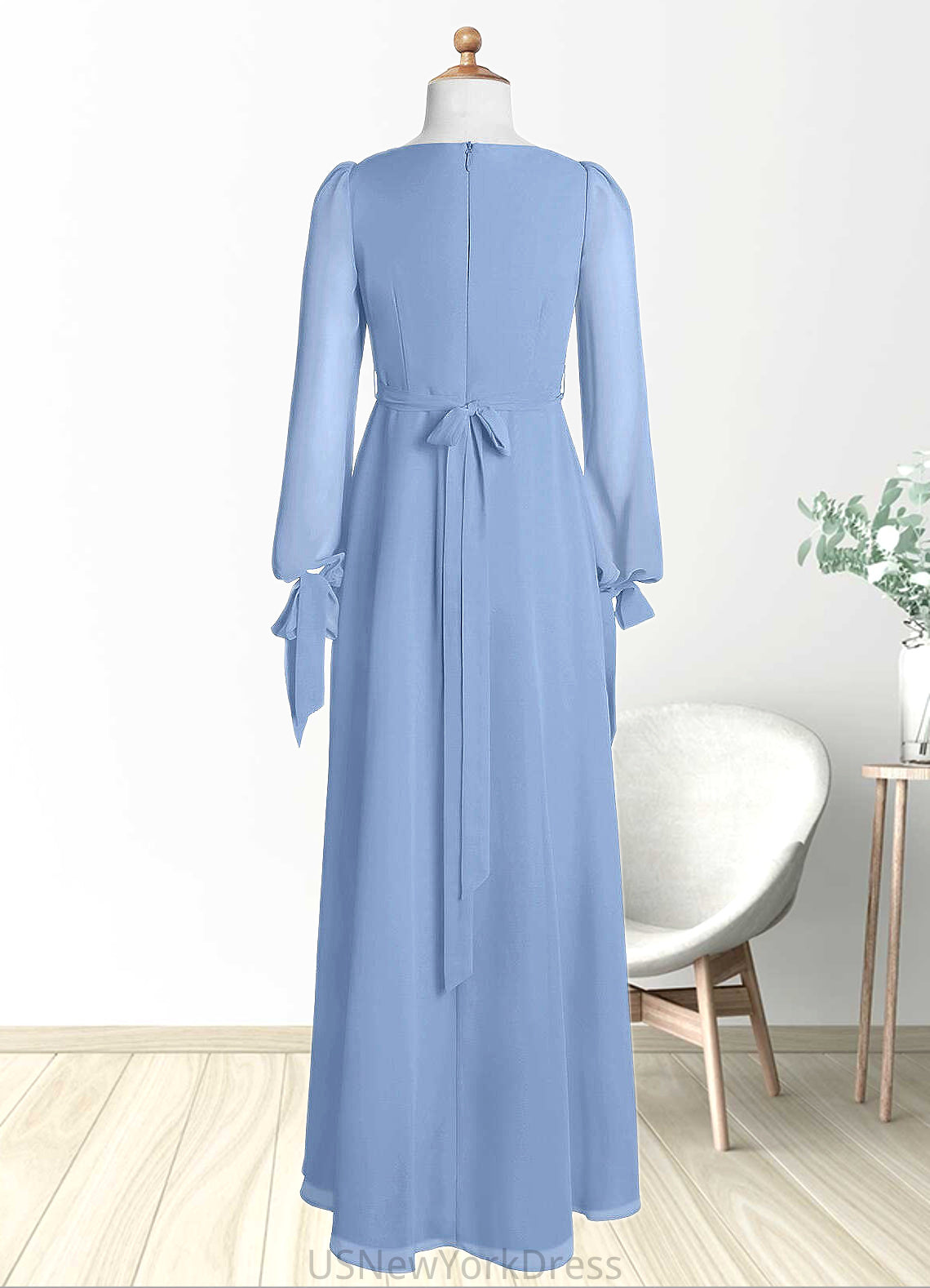 Lainey A-Line Chiffon Floor-Length Junior Bridesmaid Dress with Pockets Steel Blue DJP0022867
