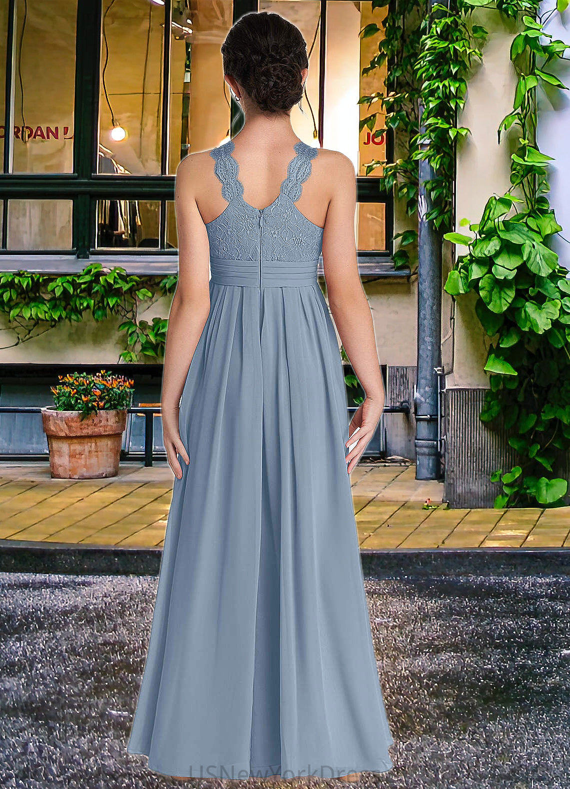 Jayla A-Line Lace Chiffon Floor-Length Junior Bridesmaid Dress dusty blue DJP0022871