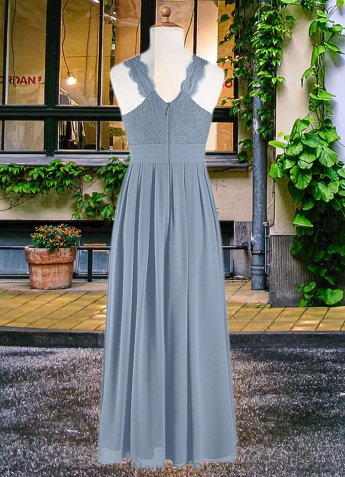 Jayla A-Line Lace Chiffon Floor-Length Junior Bridesmaid Dress dusty blue DJP0022871