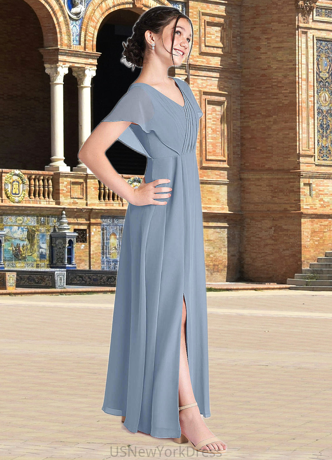 Myla A-Line Ruched Chiffon Floor-Length Junior Bridesmaid Dress dusty blue DJP0022872