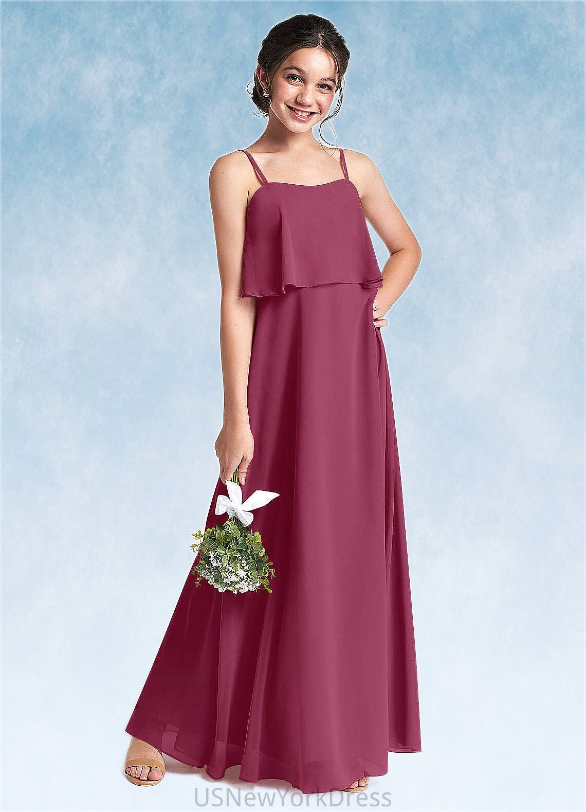Lila A-Line Ruched Chiffon Floor-Length Junior Bridesmaid Dress Mulberry DJP0022874
