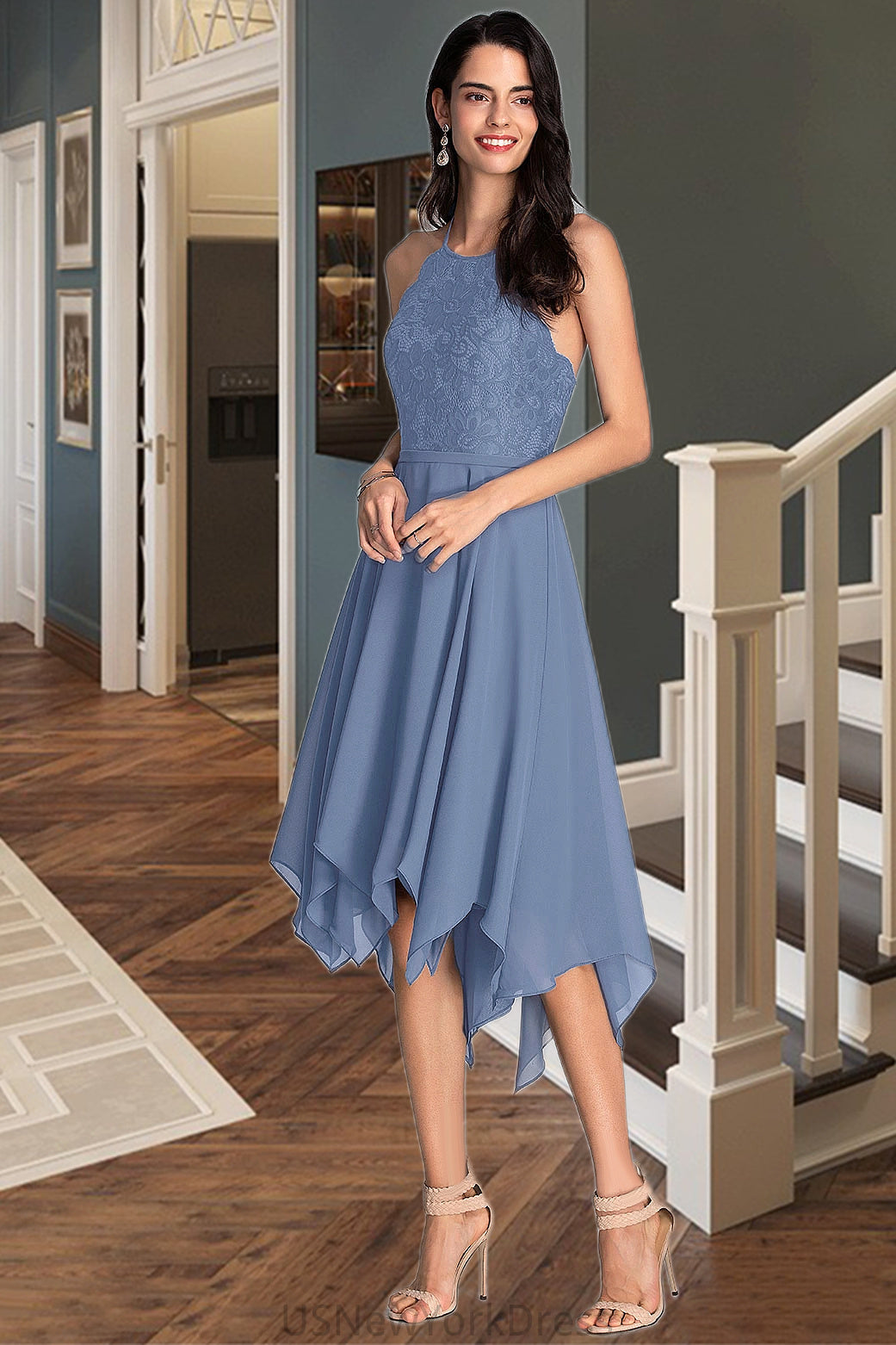 Muriel A-line Halter Asymmetrical Chiffon Lace Homecoming Dress DJP0020561