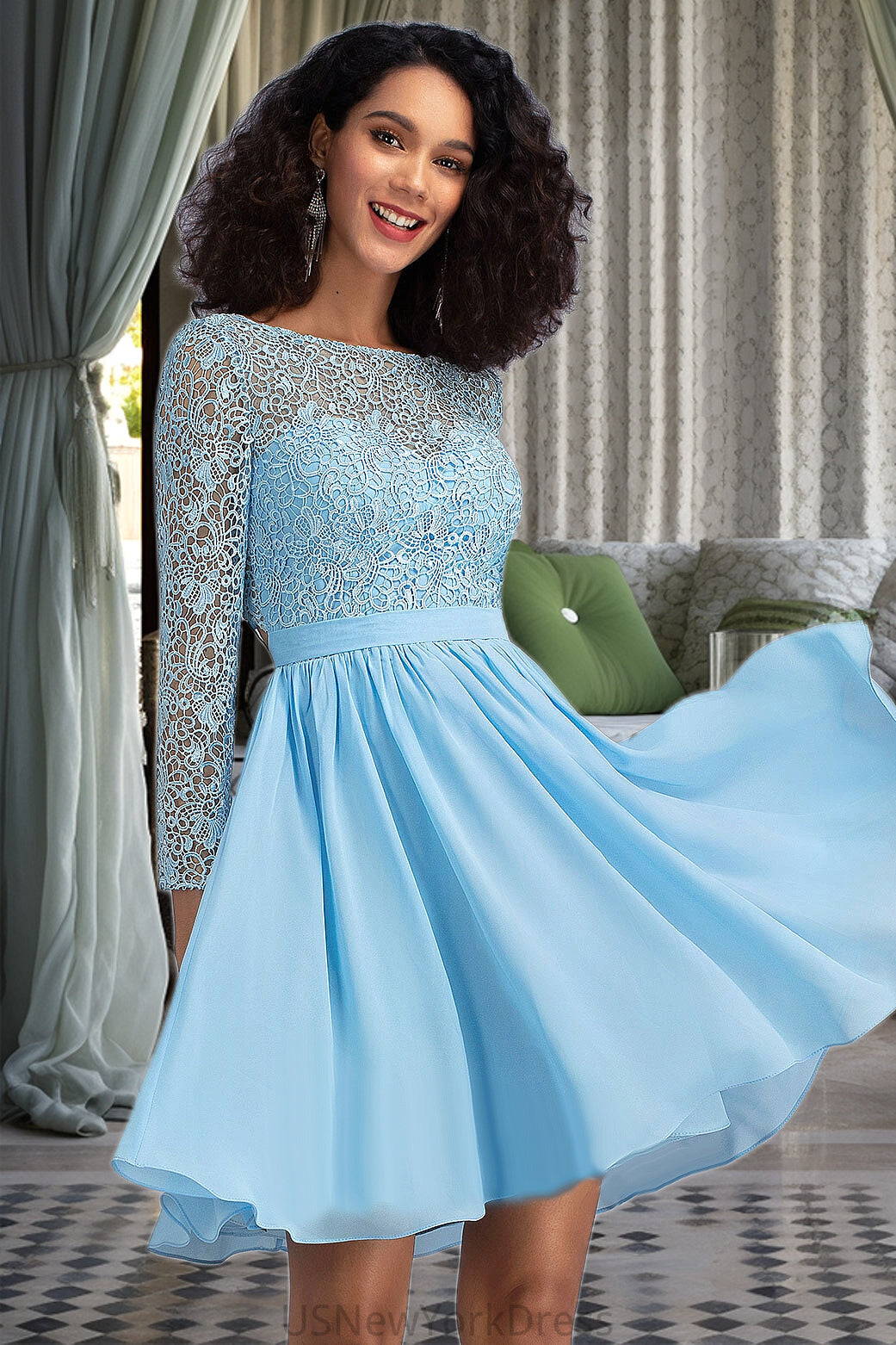 Adriana A-line Scoop Short/Mini Chiffon Lace Homecoming Dress DJP0020577