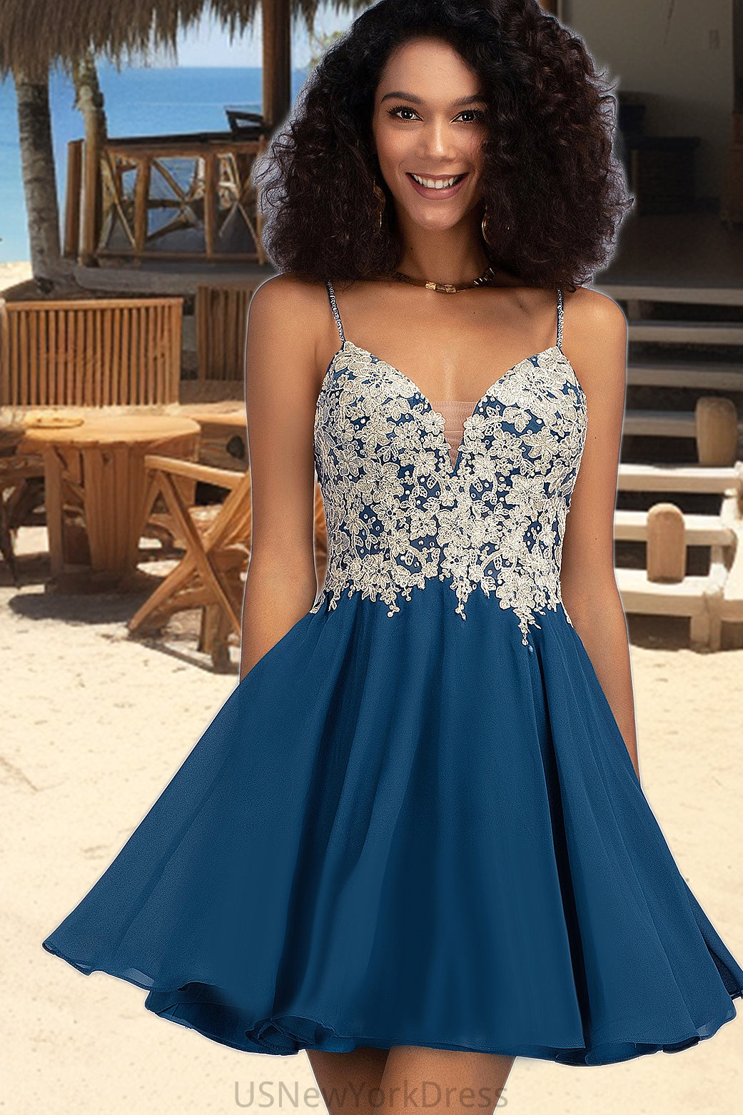 Sophia A-line V-Neck Short/Mini Chiffon Lace Homecoming Dress With Beading DJP0020572