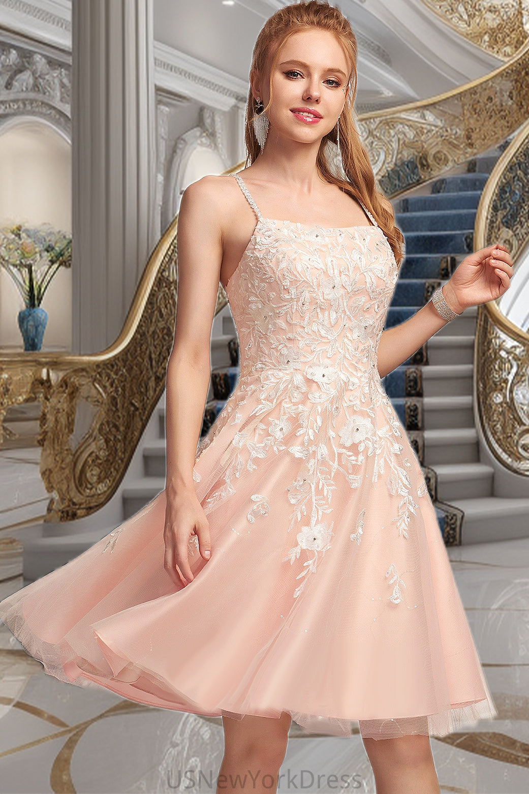 Liana A-line Square Knee-Length Tulle Homecoming Dress With Beading DJP0020543
