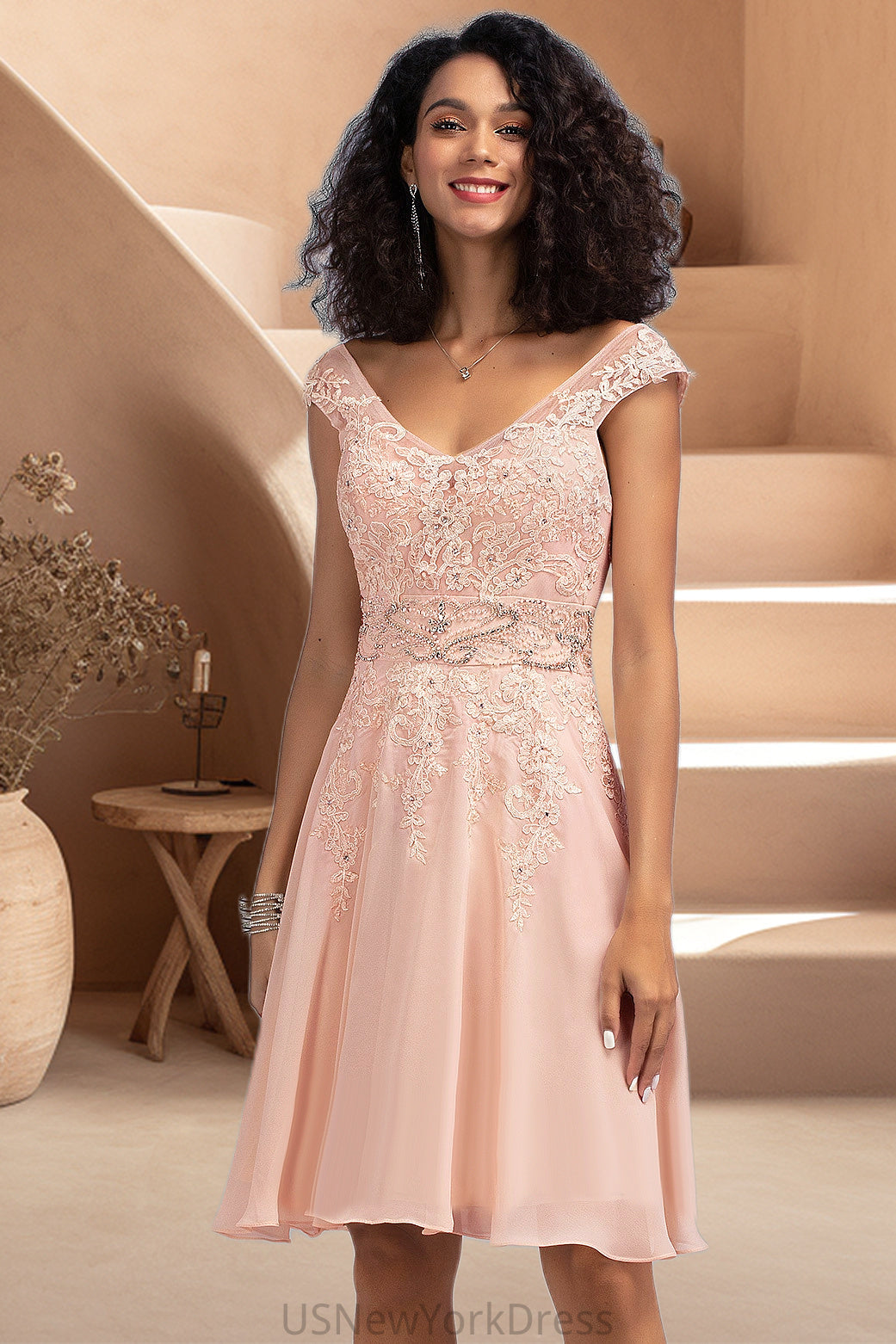 Willow A-line V-Neck Knee-Length Chiffon Lace Homecoming Dress With Beading DJP0020565