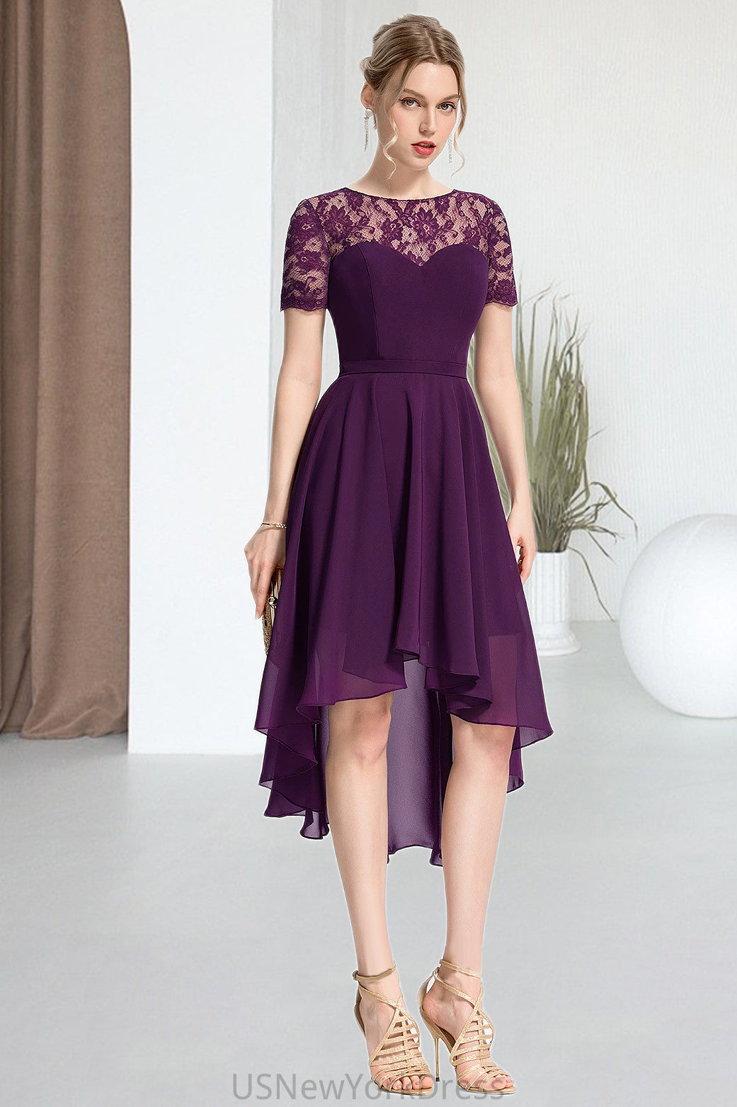 Cadence A-line Scoop Asymmetrical Chiffon Lace Homecoming Dress DJP0020587