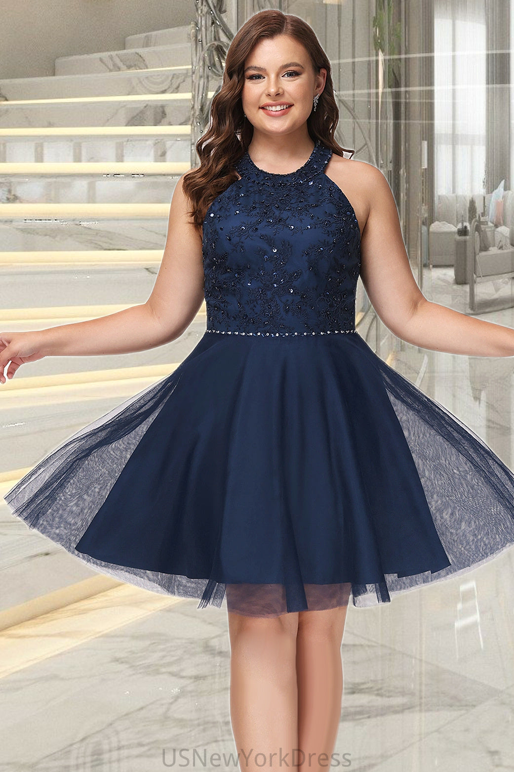 Madeline A-line Scoop Short/Mini Lace Tulle Homecoming Dress With Beading DJP0020560