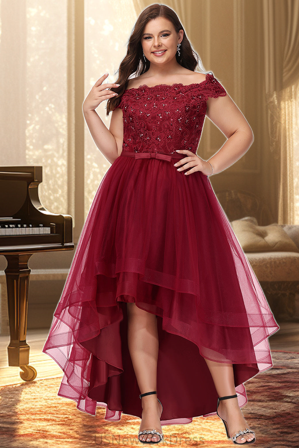 Sanaa A-line Off the Shoulder Asymmetrical Lace Tulle Homecoming Dress With Beading Bow Sequins DJP0020535