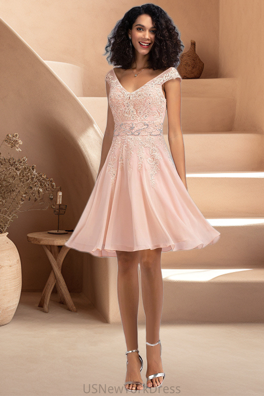 Willow A-line V-Neck Knee-Length Chiffon Lace Homecoming Dress With Beading DJP0020565