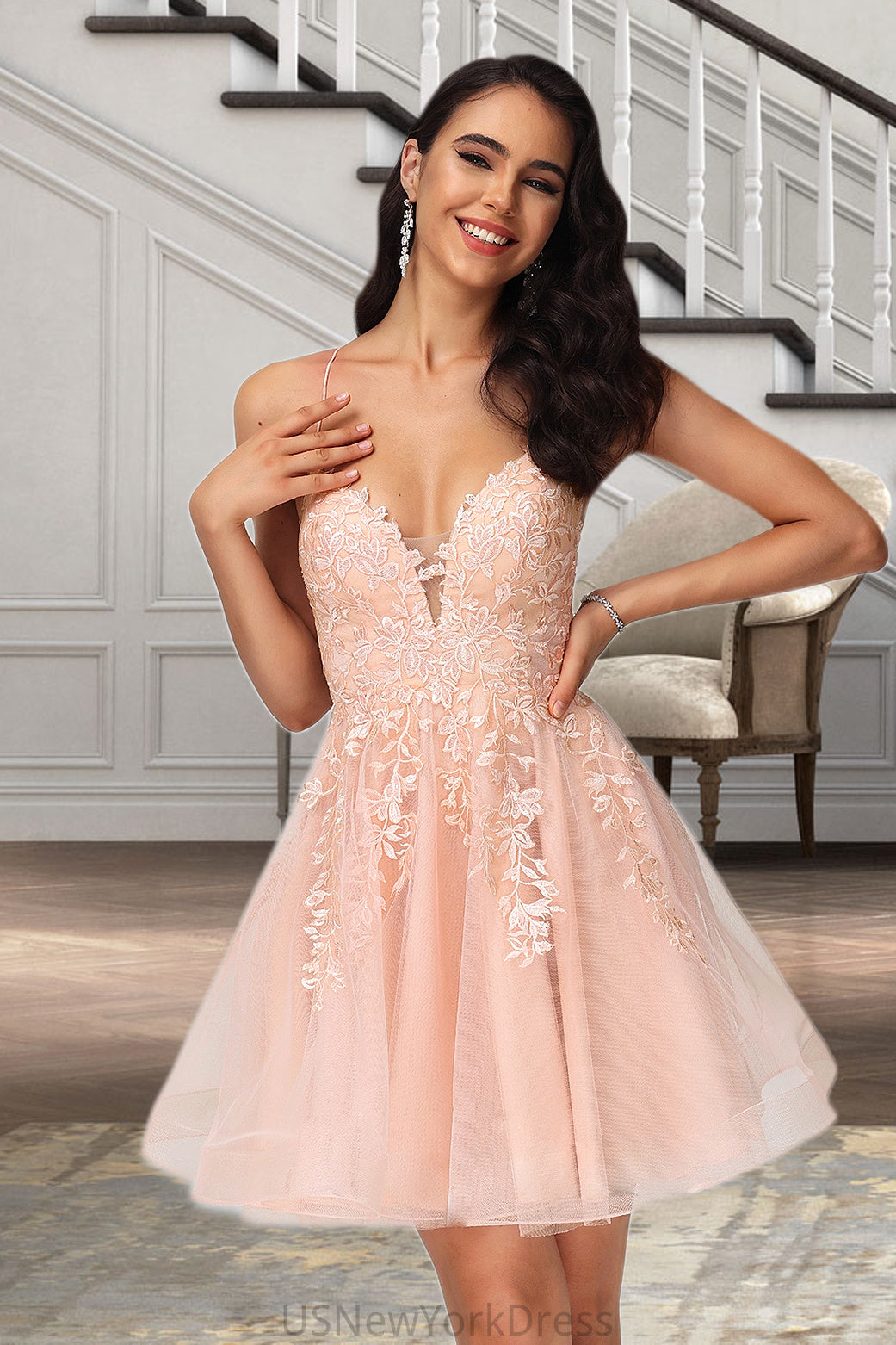 Jaiden A-line V-Neck Short/Mini Lace Tulle Homecoming Dress With Sequins DJP0020500