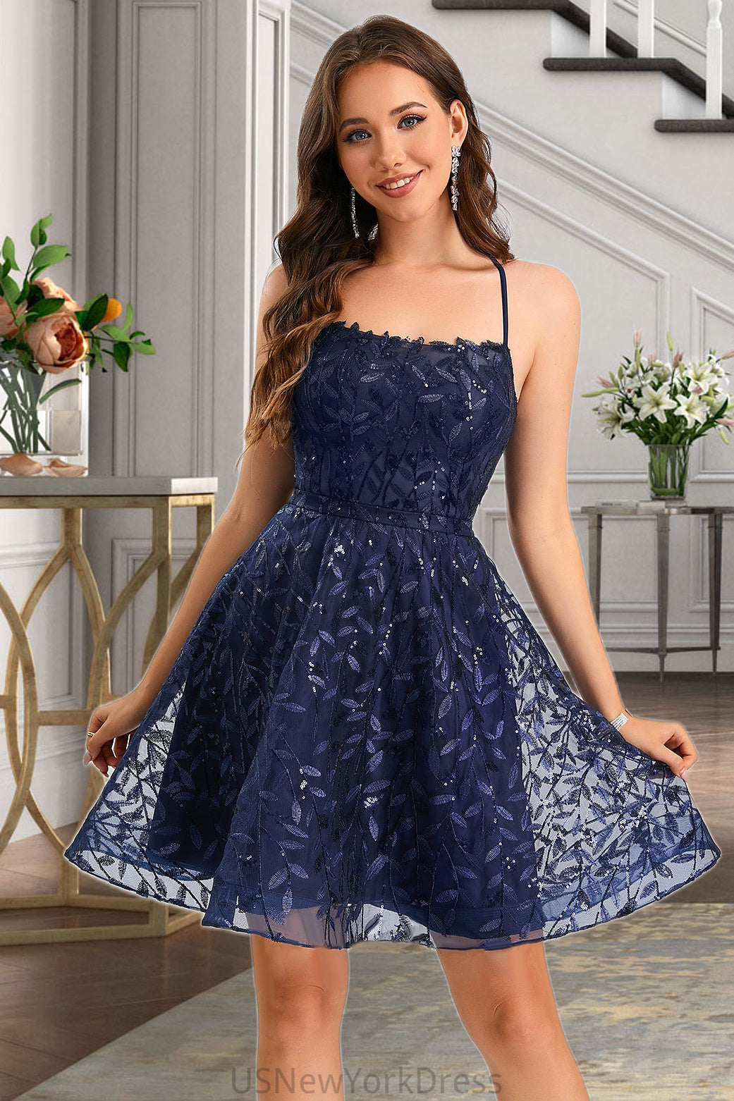 Sariah A-line Scoop Short/Mini Lace Homecoming Dress With Sequins DJP0020461