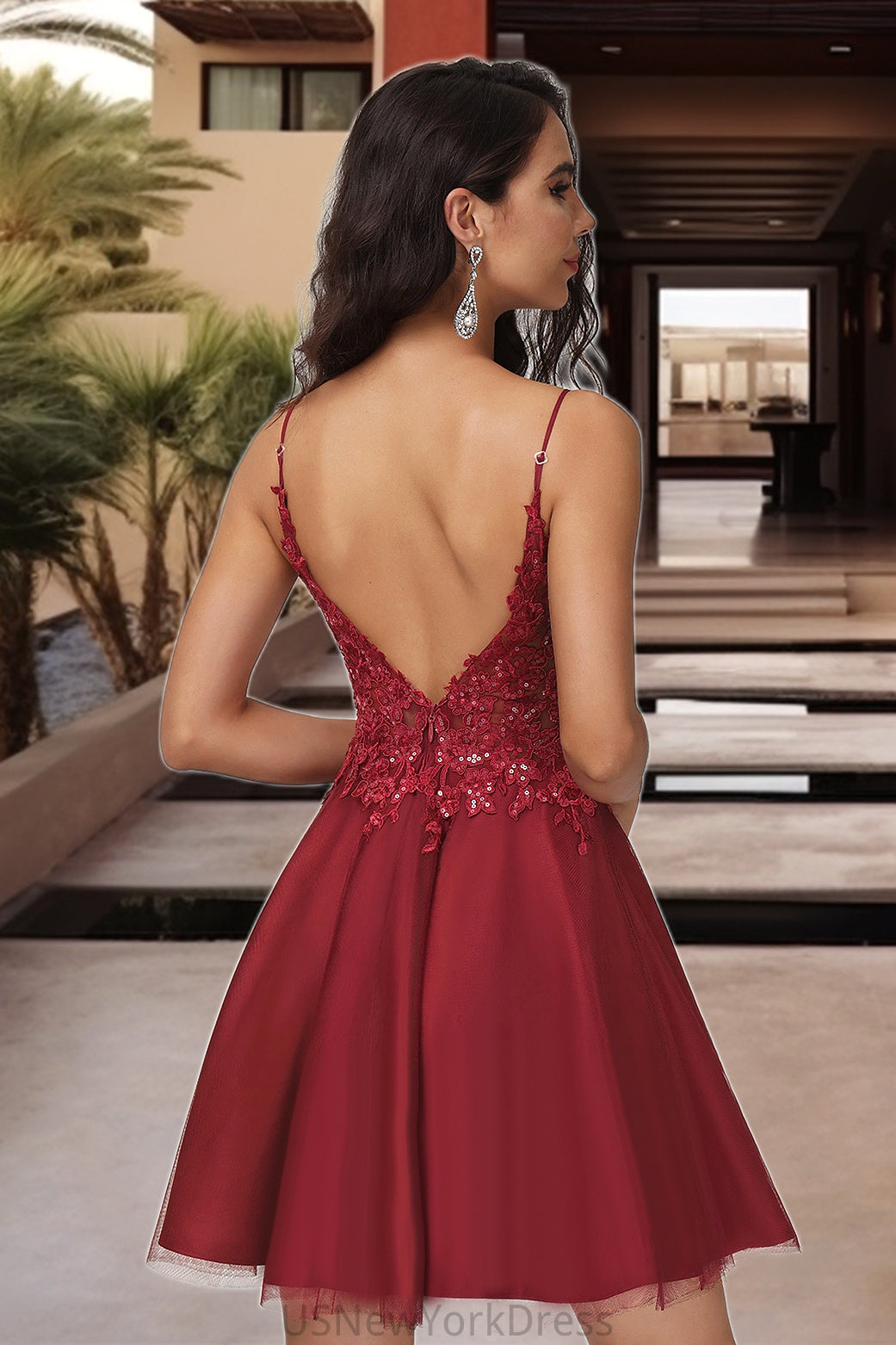 Evangeline A-line V-Neck Short/Mini Lace Tulle Homecoming Dress With Sequins DJP0020498