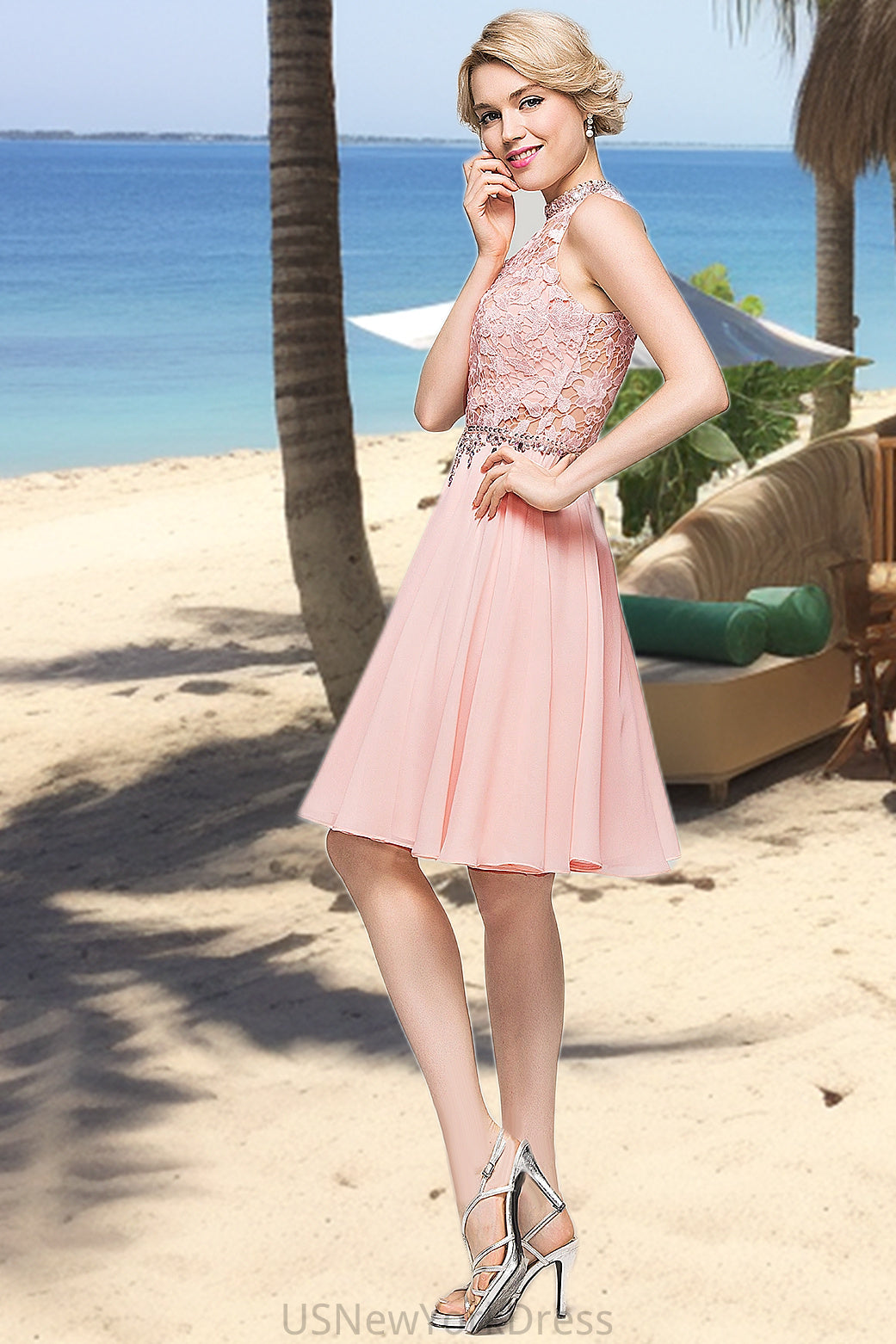 Viola A-line High Neck Knee-Length Chiffon Lace Homecoming Dress With Beading Sequins DJP0020596