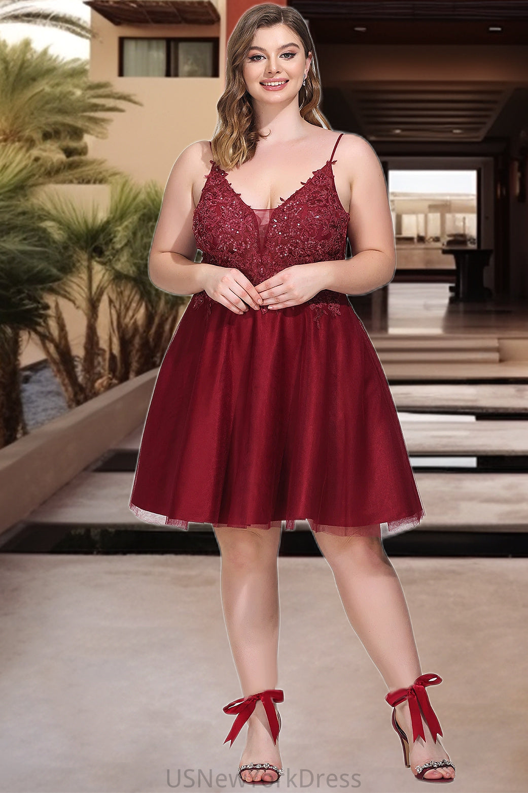 Evangeline A-line V-Neck Short/Mini Lace Tulle Homecoming Dress With Sequins DJP0020498