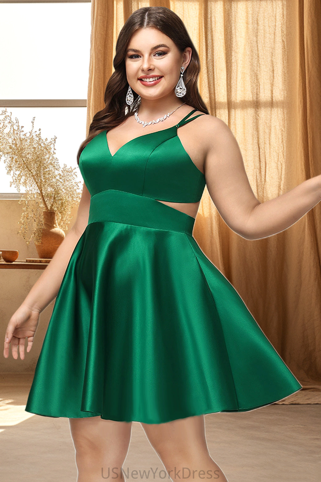 Scarlett A-line V-Neck Short/Mini Satin Homecoming Dress DJP0020493