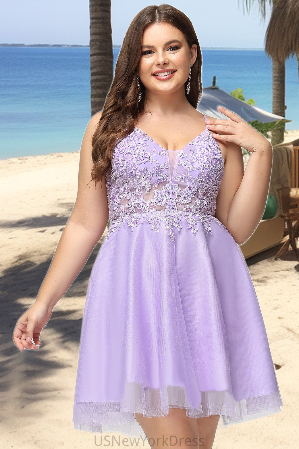 Lily A-line V-Neck Short/Mini Lace Tulle Homecoming Dress With Beading DJP0020501
