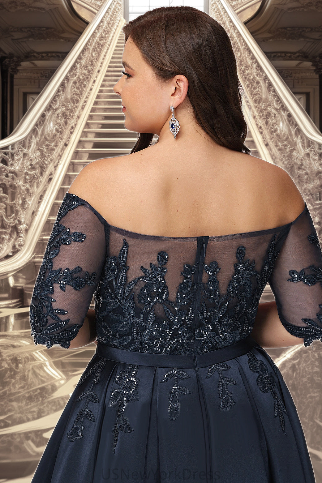 Sienna A-line Off the Shoulder Asymmetrical Lace Satin Homecoming Dress With Sequins DJP0020580