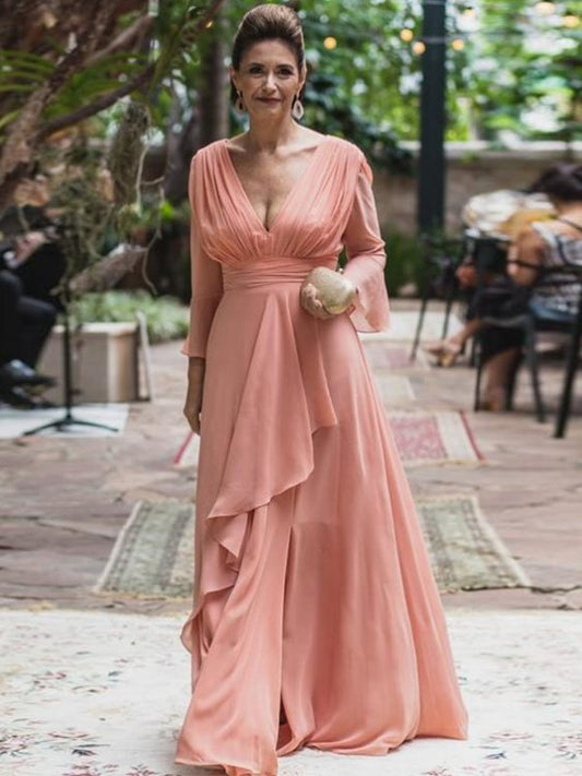 Iyana A-Line/Princess Chiffon Ruffles V-neck Long Sleeves Floor-Length Mother of the Bride Dresses DJP0020384