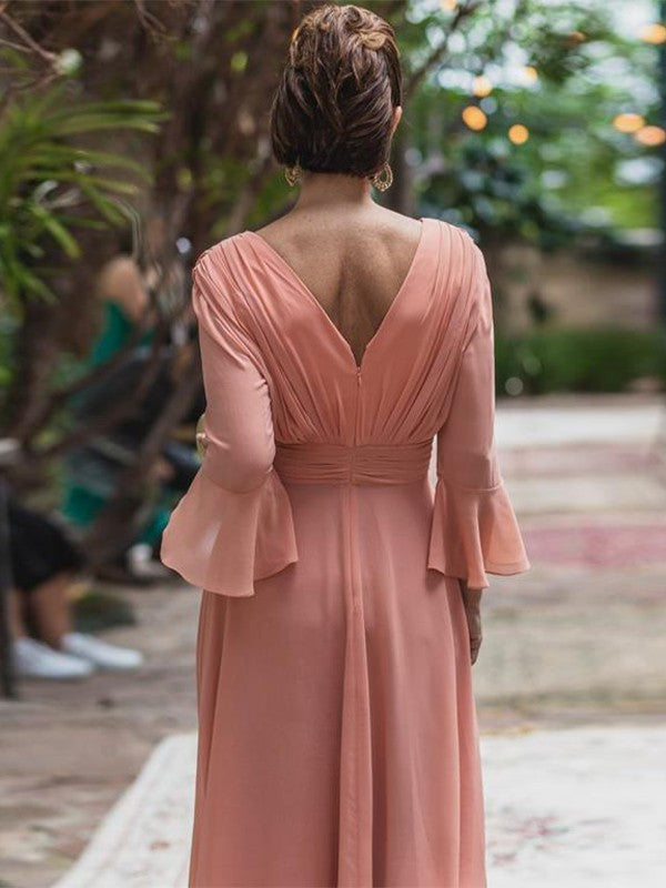 Iyana A-Line/Princess Chiffon Ruffles V-neck Long Sleeves Floor-Length Mother of the Bride Dresses DJP0020384