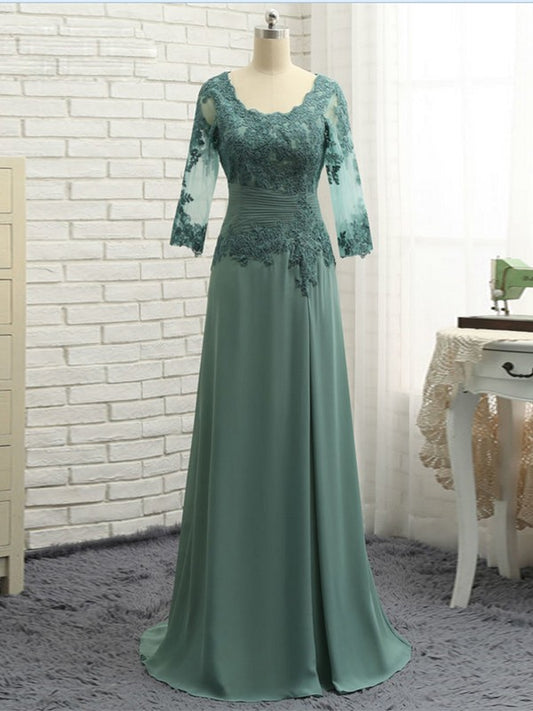 Ryleigh A-Line/Princess Chiffon Applique Scoop 3/4 Sleeves Sweep/Brush Train Mother of the Bride Dresses DJP0020418