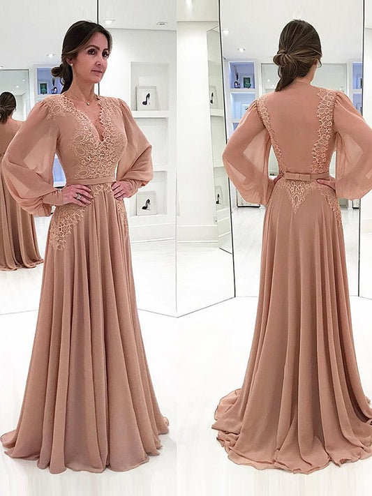 Michelle A-Line/Princess Chiffon Lace V-neck Long Sleeves Sweep/Brush Train Mother of the Bride Dresses DJP0020421