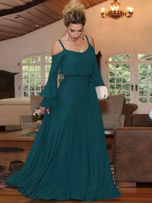 Neveah A-Line/Princess Chiffon Ruffles Square Long Sleeves Floor-Length Mother of the Bride Dresses DJP0020433